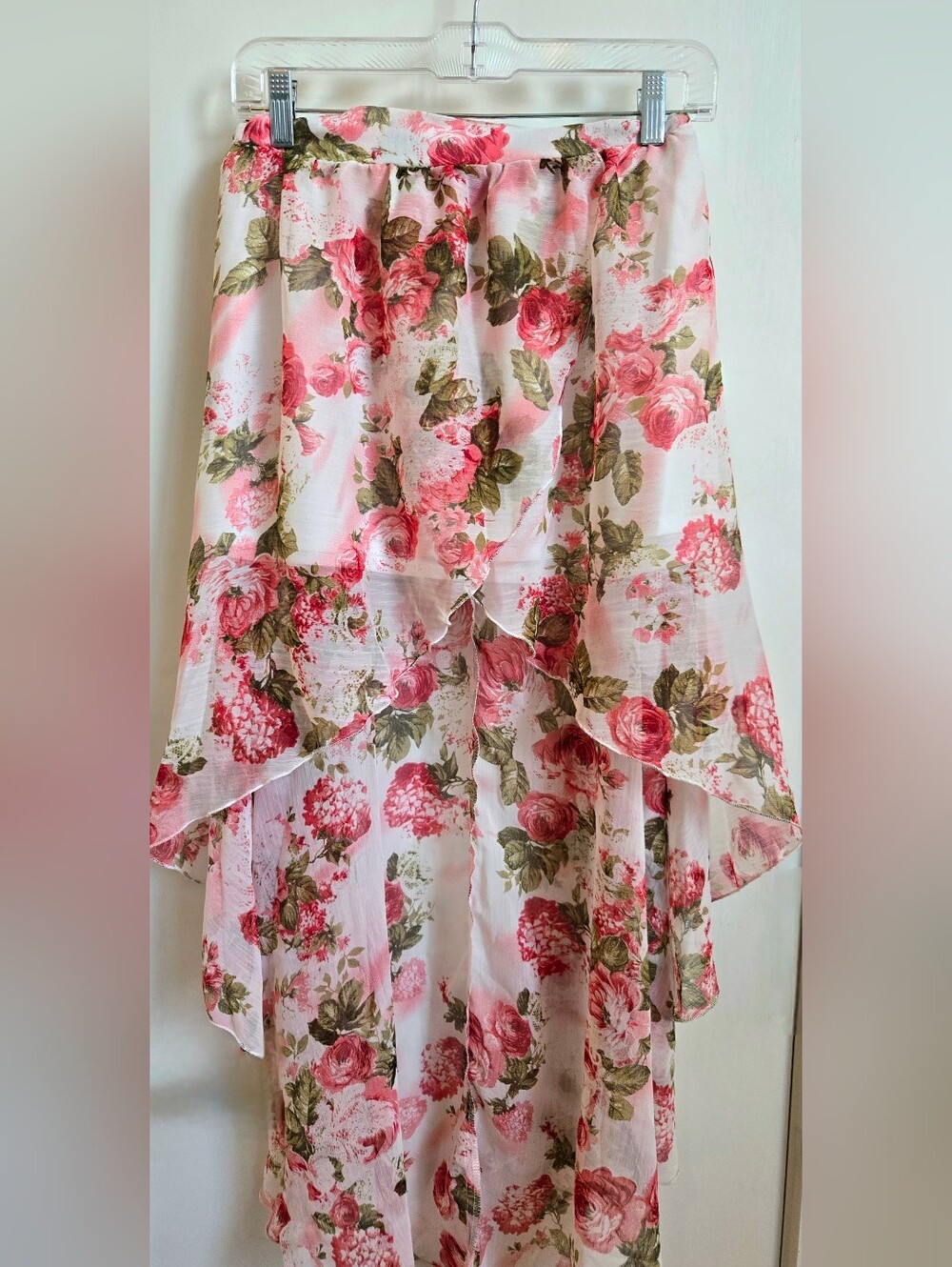 Parisian Pink Rose Floral Chiffon High Low Ruffle Maxi Skirt